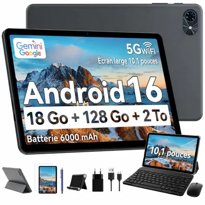 Image de TABWEE T80 10" Android 16 – 18+128 Go, 6000 mAh. Kit complet : clavier, souris, stylet, housse, support, film. 5G WiFi, BT 5.0, Face ID, Gemini AI