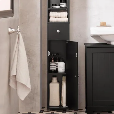 Immagine prodotto di SoBuy Mobile da bagno a 5 scomparti Scaffale da bagno alto con 1 cassetto e ante Mobile da bagno Nero Larghezza circa 20 x 180 x 20 cm