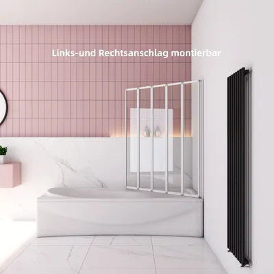 A modern bathroom with a bathtub, a folding shower screen, and a radiator.