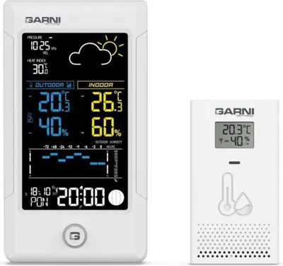 Zdjęcie produktu dla GARNI 615W Precise, Biały, Barometr wewnętrzny, Wilgotnościomierz wewnętrzny, Termometr wewnętrzny, Barometr zewnętrzny,..., Barometr, Wilgotnościomierz, Termometr, 10 - 99%, 10 - 99%, 2%