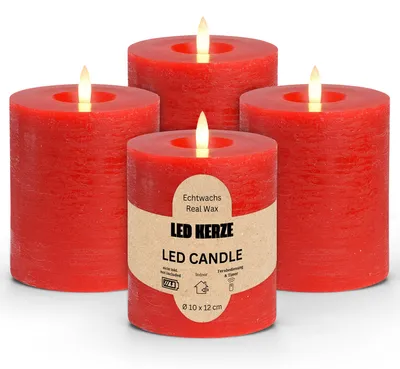 Produktbild von LED Stumpenkerzen 4er Set Wachs, Flackernde Flamme, Ø 10x12 cm, Rot