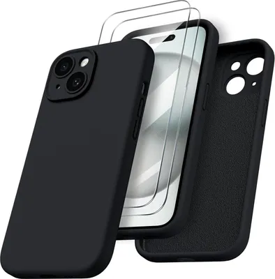 Produktbild von ORNARTO iPhone 15 Hülle mit Kameraschutz, 2 Schutzfolien Schwarz