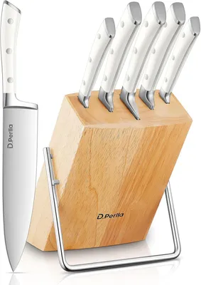 Image de Ensemble de couteaux 6 pièces, bloc à couteaux en bois, acier inoxydable, blanc, pour la cuisine