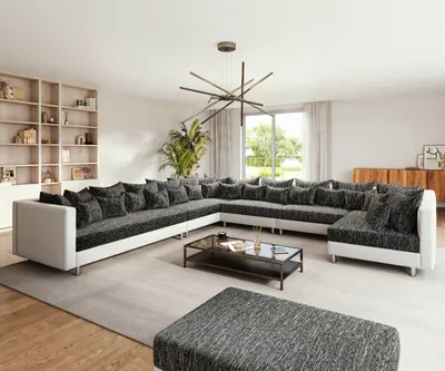 Produktbild von Couch Clovis XXL Weiss Schwarz mit Hocker Ottomane Links Wohnlandschaft