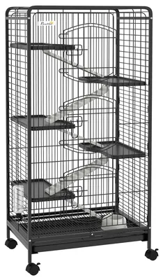 Produktbild von 6-st?ckiger Nagerk?fig mit R?dern, Plattformen, herausnehmbarer Schale, Futter- und Wassernapf, 61,5 x 44 x 131 cm, Schwarz