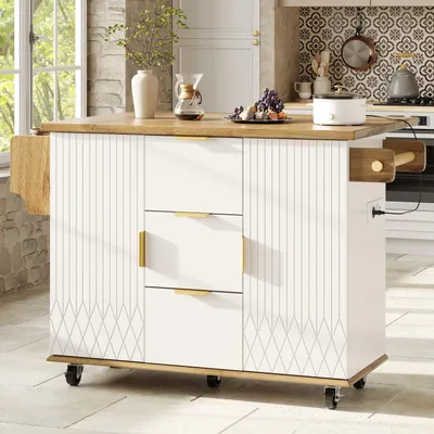 Zdjęcie produktu dla Wózek kuchenny Flieks z rozkładanym blatem, gniazdkiem elektrycznym, szafką kuchenna na kółkach, nośność do 70 kg, wózek do serwowania, biały