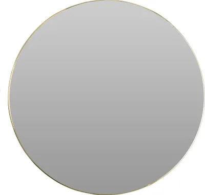 A round mirror with a thin gold frame against a white background.