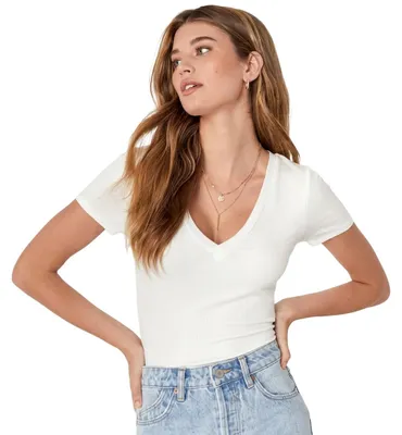 Produktbild von Damen T-Shirt Bluse V-Ausschnitt Sommer Weich Glatt Casual Weiß XL