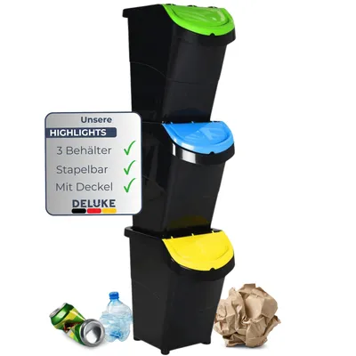 Produktbild von DELUKE® 3er Set Abfallbehälter mit Deckeln - 3x40L Stapelmülleimer | Abfalleimer Küche Mülleimer 3 Fächer Müllbehälter Kücheneimer 120L, Schwarz