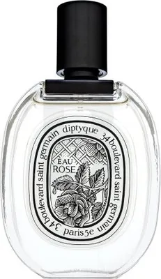 A clear studio shot of a Diptyque Eau Rose Eau de Toilette bottle.