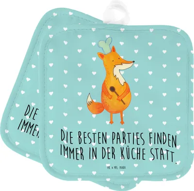 Produktbild von Mr. & Mrs. Panda Topfuntersetzer Fuchs Koch - Türkis Pastell - Geschenk, Köche, Küche Spruch, Topflappen mit Spruch, kochen, Topflappenset, Ofenhandschuh, Spruch lustig