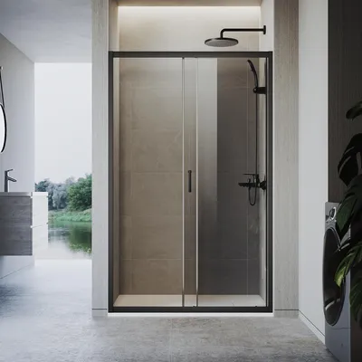 Immagine prodotto di Cabina doccia SONNI 110 x 185 cm in nero opaco, porta scorrevole, binario superiore e inferiore, vetro grigio da 5 mm, telaio della porta con posizione di regolazione -20 mm