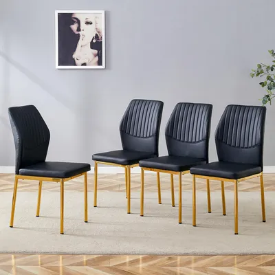 Image de Ensemble de 4 chaises de salle à manger, dossier en polyuréthane texturé, pieds en métal, style t épuré (noir et or)