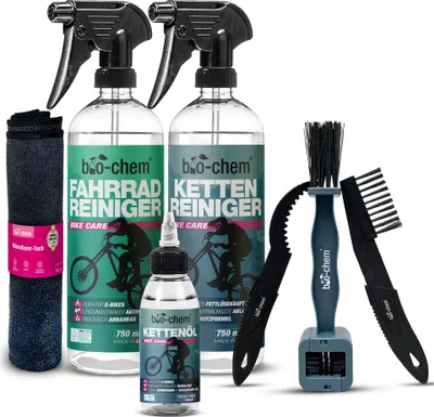 Produktbild von bio-chem Fahrrad Reinigungsset PROFI 7-teilig - Effektives & materialschonendes Pflegeset: 1x Fahrradreiniger 750ml + 1x Kettenreiniger 750ml + 1x Kettenöl 100 ml + 3x Reinigungsbürste