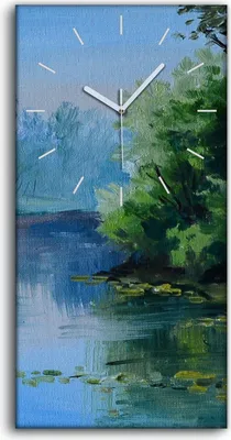 Produktbild von Leinwand Uhr Küche Wohnzimmer Bild 30x60 Malerei Wald Bäume Fluss Landschaft - weiße Hände