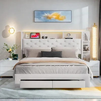 Image de UnboxG Lit double de rangement Lit fonctionnel en bois blanc 160x200cm avec prise USB, 2 tiroirs et sommier à lattes