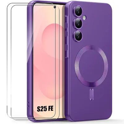 Image de Coque + 2 Verres Trempés pour Samsung Galaxy S25 FE, Silicone Liquide avec Cercle Magnétique - Violet