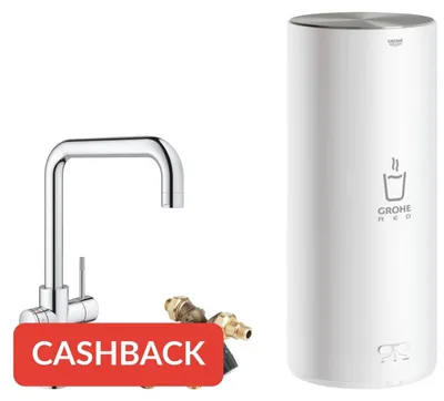 Zdjęcie produktu dla Czerwona bateria warzelna Grohe z wylewką w kształcie litery U i chromowanym bojlerem combi