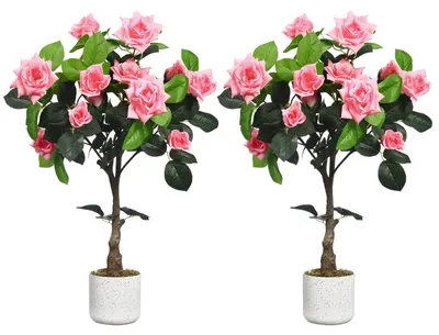 Image de Arbre de roses artificiel, résistant aux UV, ne nécessite aucun entretien, couleur rose, 75 cm de hauteur, lot de 2