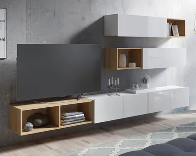 Produktbild von Wohnwand Amanda XIV Wohnzimmer-Set Breite 300cm Anbauwand TV-Schrank Moderne Schrankwand (Weiß matt + Weiß Hochglanz Fronten / Goldene Eiche)