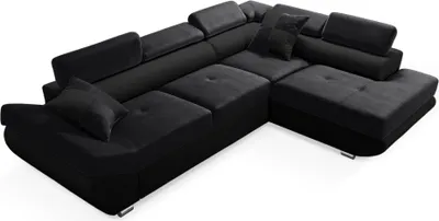 Zdjęcie produktu dla Robin Saturn Narożnik z funkcją spania Skrzynia na pościel 5 Regulowane zagłówki 2 Poduszki Sofa rozkładana w kształcie litery L Narożnik wolnostojący rozkładany Meble do salonu Krajobraz prawy Czarny