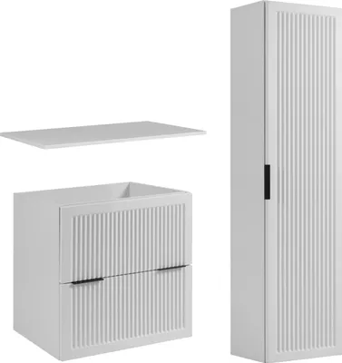 Produktbild von Rodan | Modernes Badmöbel-Set Weiß Matt - Waschbeckenunterschrank 60 CM - Hochschrank 136 CM - Geriffelte Fronten