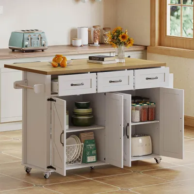 Image de OKWISH Îlot de Cuisine Mobile avec Plan de Travail Rabattable - Meuble sur Roulettes Verrouillables avec 3 Tiroirs, Style Grange - Blanc et Nature