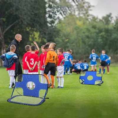 Produktbild von SUGIFT Fußballtor Pop-Up 2-in-1, Fußballnetz tragbar, Minitore klappbar, Oxford-Gewebe, Blau | 123 x 80 x 80 cm | 2er Set | mit Tragetasche