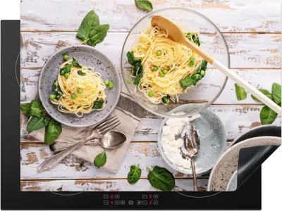 Produktbild von KitchenYeah© Herdabdeckplatte Nudeln - Basilikum - Kochen , 71x52cm, Küche Deko, Glaskeramikkochfeld Herdabdeckung, Abdeckplatte fùr Kochfeld
