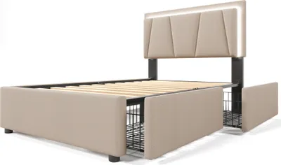 Produktbild von okwish Einzelpolsterbett 90x200 cm mit LED-Beleuchtung und 2 Schubladen, höhenverstellbares Kopfteil, Stauraum Bettgestell, Holzlattenrost, Beige (ohne Matratze)