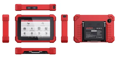 Multiple views of a red diagnostic tool for cars.
