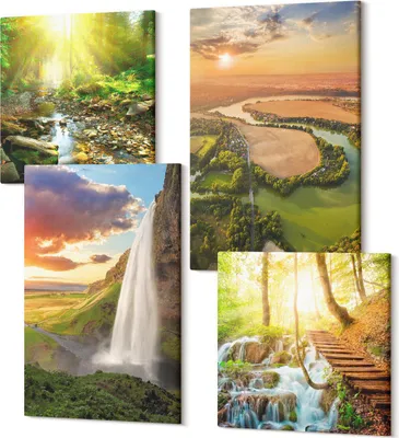 Produktbild von Leinwandbilder Mehrteilig 4-teilig – Modernes Design – Hochwertiger Polycanvas Kunstdruck – Wanddekoration & Wandkunst – Bilder für Zuhause – 2x 40x40 cm + 2x 40x60 cm – Wasserfall Berg Orangen italienische Landschaft mit Sonnenuntergang