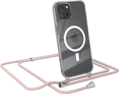 Produktbild von EAZY CASE - Handykette kompatibel mit Apple iPhone 15 Kette zum Umhängen Stoßfest Handyhülle für Apple iPhone 15 Silikon Hülle mit Band Handytasche Transparent als Fallschutz in Rosé-Gold