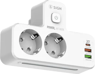 Immagine prodotto di Ciabatta multipresa SiGN da 20 W con luce notturna a LED, 2 vie/2 x USB-A/1 x USB-C - Bianca
