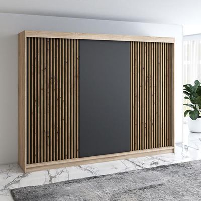 Schwebetürenschrank, 3-türig Schrank mit 4 Schubladen, und 3D-Lamellen Premum! Moderne Garderobe für Kleidung. Verschiedene Farben (Weiß, Schwarz, Somona) Kleiderschrank IOSA 200 cm