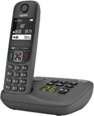 A cordless phone and its base are shown against a white background.