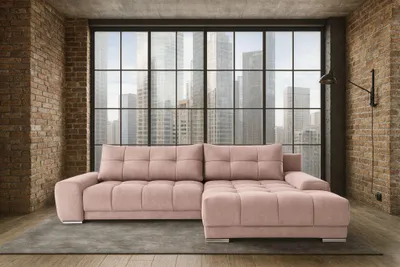 Image de Canapé d'angle avec fonction sommeil et coffre de lit, Canapé d'angle WAVE tissu SORO droite Rose