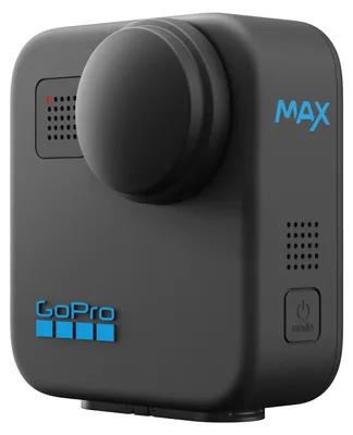 A black GoPro MAX 360 action camera is shown from a slightly angled front view against a black background.