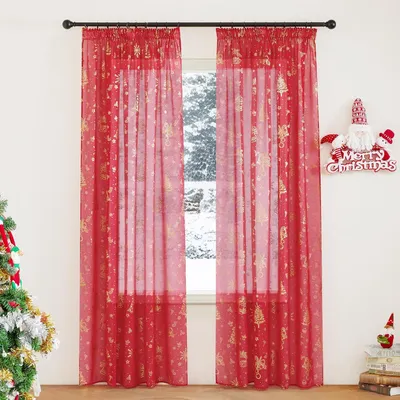 Zdjęcie produktu dla Prześwitujące, świąteczne zasłony z tiulu, zestaw 2 sztuk, 140 x 245 cm, czerwone