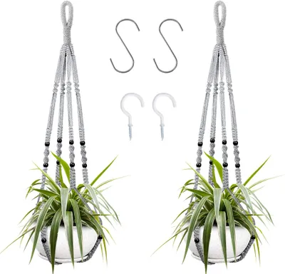Produktbild von 2er Set Makramee Blumenampel Baumwollseil Hängeampel Blumentopf Pflanzenhalter für Innen Außen Decken mit 4 Haken, grau
