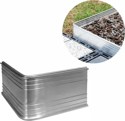 A corner piece of a metal edging product is shown in the foreground, with a close-up inset image showing the product installed in a garden setting.
