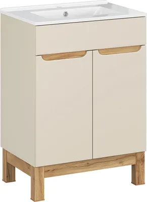Produktbild von Badezimmer-Waschtisch 60 cm in kaschmir und Eiche mit eingelassenem Waschbecken, 2-türig - SOLNA-56-CASHMERE