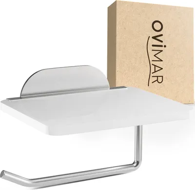 Produktbild von ovimar Toilettenpapierhalter Helnaes Papierrollenhalter mit Glasablage Silber 3M | Klopapierhalter selbstklebend zum Kleben | Klorollenhalter mit Ablage | WC Rollenhalter Silber