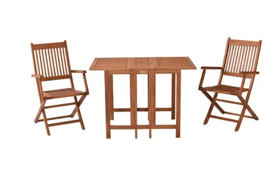 A wooden garden furniture set consisting of a folding table and two folding chairs, presented on a white background.
