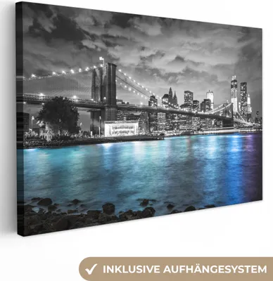 Produktbild von MuchoWow® - Leinwandbilder - New York - Skyline - Stadt - Blau, Wandbild, Wanddeko Bilder Wohnzimmer, 30x20 cm