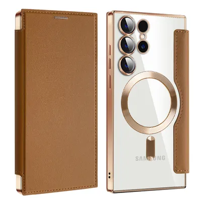 Image de Etui pour Samsung Galaxy S24 Ultra compatible avec MagSafe, étui transparent avec porte-cartes, étui en cuir avec protection de l'appareil photo Marron