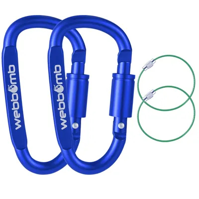 Produktbild von WEBBOMB® 2x Karabiner Haken mit Schraubverschluss 80mm BLAU + 2X Drahtseil Schlüsselringe Schraubkarabiner Sport Karabinerhaken Schlüsselanhänger
