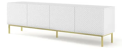 Zdjęcie produktu dla Szafka pod TV RAVENNA C 200 cm 4D rama BIAŁY MAT / BIAŁY GLANZ frezowana w kształcie rombu płyta niska z metalowymi nogami Szafka stojąca Szafka pod TV Nowoczesna szafka pod TV Loft Kredens Stolik HiFi Złoty lub Czarny metalowa rama nogi z frezowanym rombem