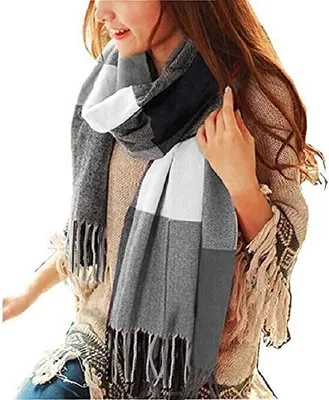 Produktbild von ALSTER HERZ® Karierter Damen Schal mit Fransen, im Oversize Look, Halstuch,  Deckenschal  A0320 Schwarz-Weiß