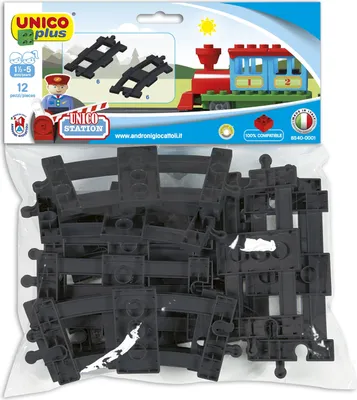 A product package for a toy train track set, showing the packaging and the contents within.